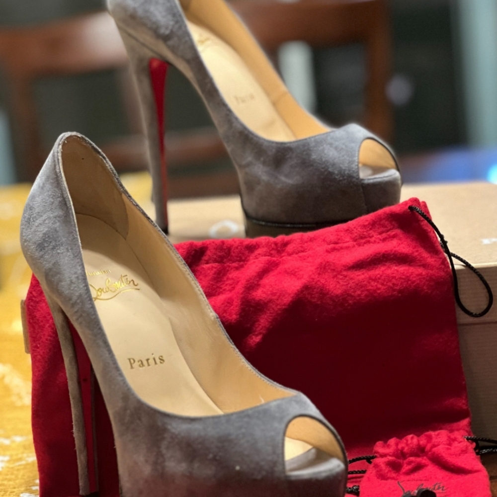 Christian Louboutin Gray Suede Peep Toe Heels